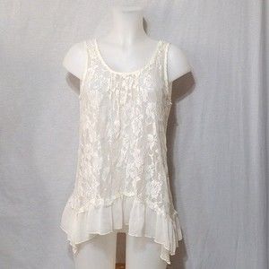 Lapis Anthropologie Sleeveless Floral Lace Sheer Ruffled Hem Top Boho Chic M